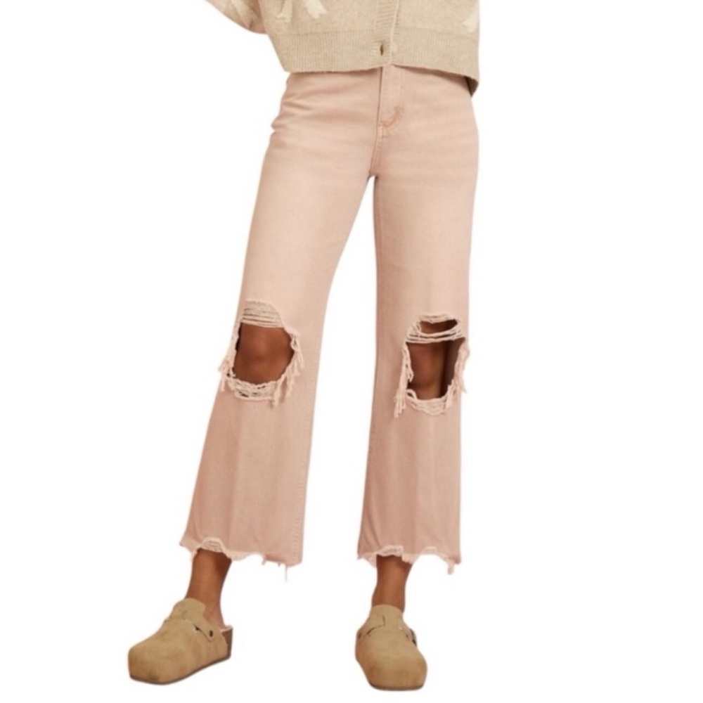 Altar’d State Aubrielle Straight Leg Cropped Fray Hem Mauve Jeans Distressed